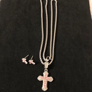 Silver-Tone Cross Necklace and Stud Earrings with Pink Crystals